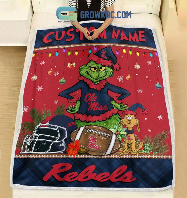 Ole Miss Rebels Grinch Football Merry Christmas Light Personalized Fleece Blanket Quilt