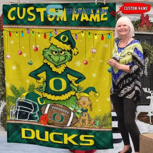 Oregon Ducks Grinch Football Merry Christmas Light Personalized Fleece Blanket Quilt