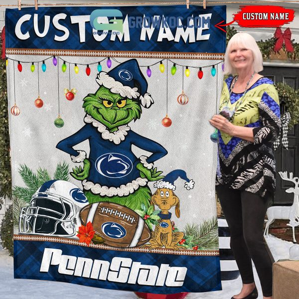 Penn State Nittany Lions Grinch Football Merry Christmas Light Personalized Fleece Blanket Quilt