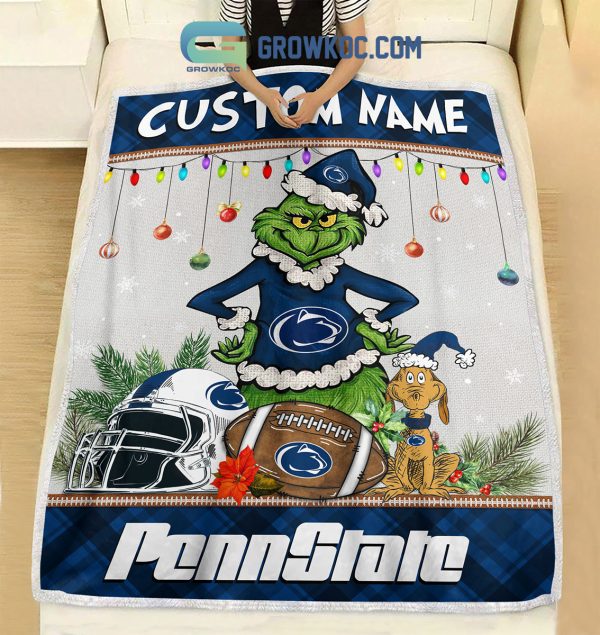 Penn State Nittany Lions Grinch Football Merry Christmas Light Personalized Fleece Blanket Quilt