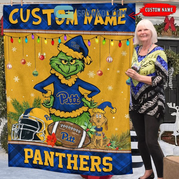 Pittsburgh Panthers Grinch Football Merry Christmas Light Personalized Fleece Blanket Quilt