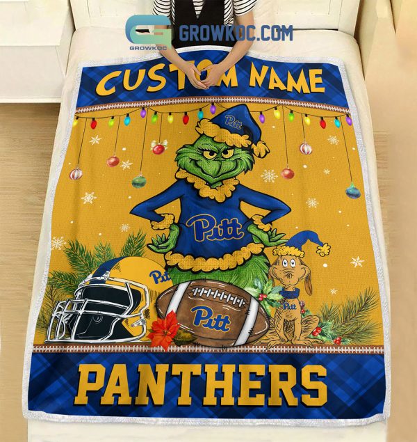 Pittsburgh Panthers Grinch Football Merry Christmas Light Personalized Fleece Blanket Quilt