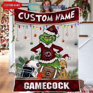 South Carolina Gamecocks Grinch Football Merry Christmas Light Personalized Fleece Blanket Quilt