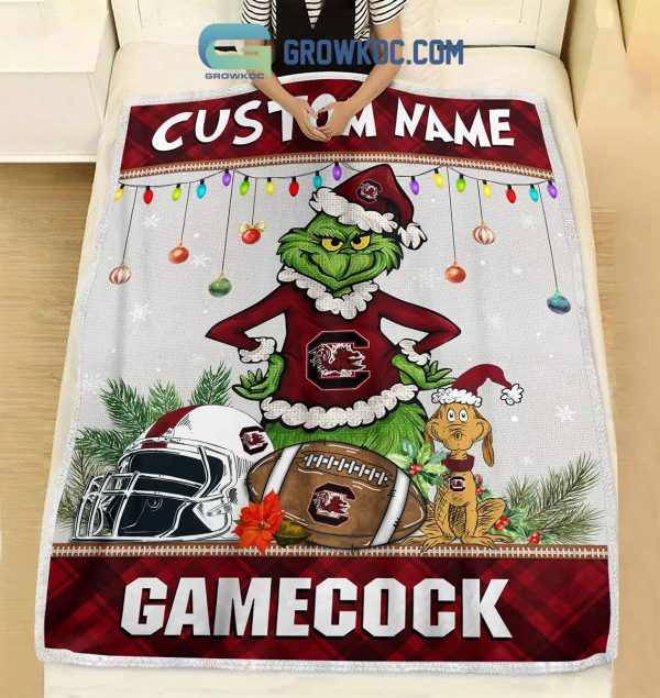 South Carolina Gamecocks Grinch Football Merry Christmas Light Personalized Fleece Blanket Quilt