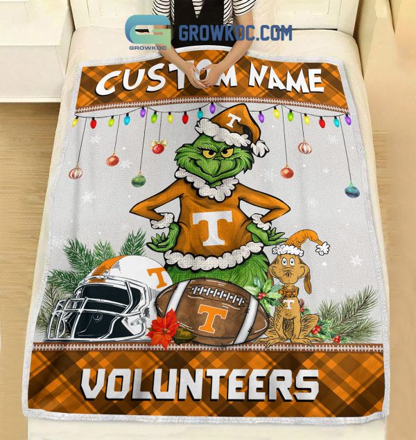 Tennessee Volunteers Grinch Football Merry Christmas Light Personalized Fleece Blanket Quilt