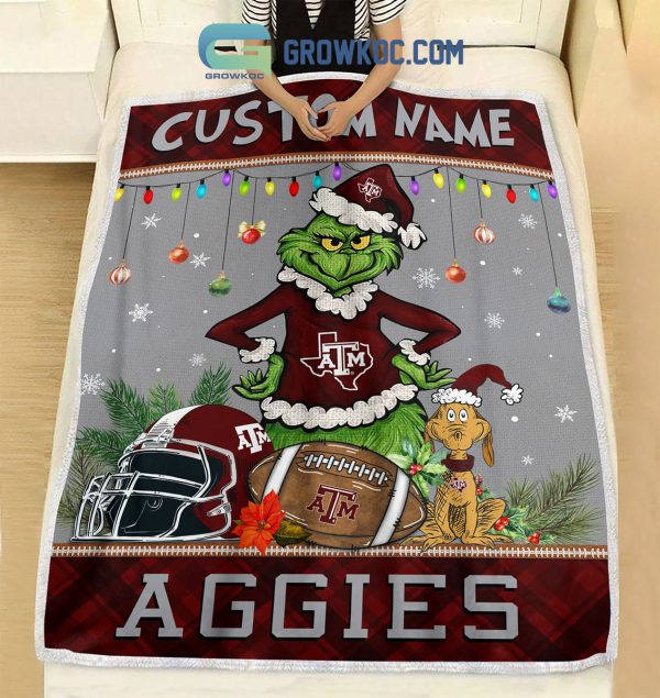 Texas A&M Aggies Grinch Football Merry Christmas Light Personalized Fleece Blanket Quilt