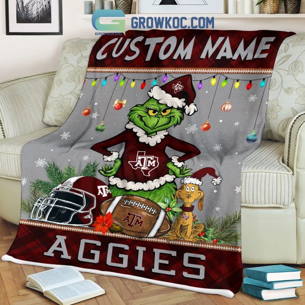 Texas A&M Aggies Grinch Football Merry Christmas Light Personalized Fleece Blanket Quilt