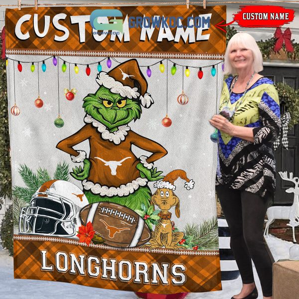 Texas Longhorns Grinch Football Merry Christmas Light Personalized Fleece Blanket Quilt