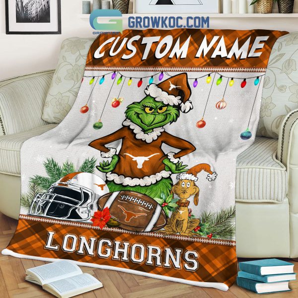 Texas Longhorns Grinch Football Merry Christmas Light Personalized Fleece Blanket Quilt