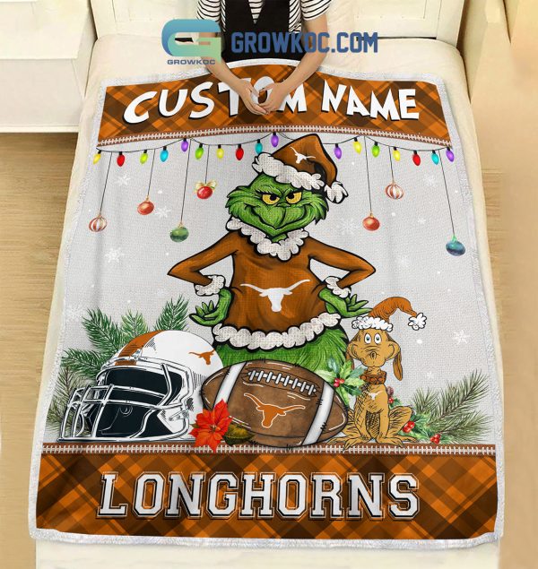 Texas Longhorns Grinch Football Merry Christmas Light Personalized Fleece Blanket Quilt