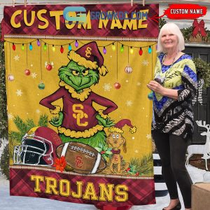 USC Trojans Grinch Football Merry Christmas Light Personalized Fleece Blanket Quilt
