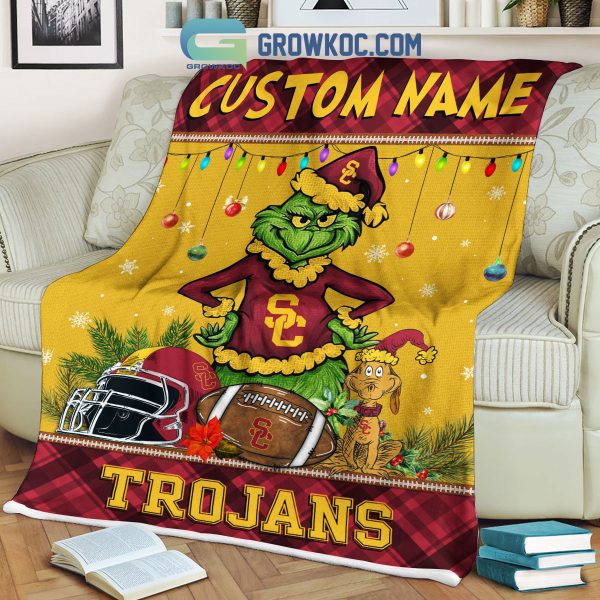 USC Trojans Grinch Football Merry Christmas Light Personalized Fleece Blanket Quilt