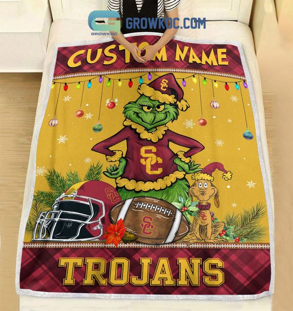 USC Trojans Grinch Football Merry Christmas Light Personalized Fleece Blanket Quilt