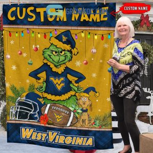 West Virginia Mountaineers Grinch Football Merry Christmas Light Personalized Fleece Blanket Quilt