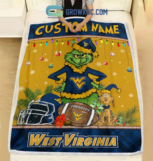 West Virginia Mountaineers Grinch Football Merry Christmas Light Personalized Fleece Blanket Quilt