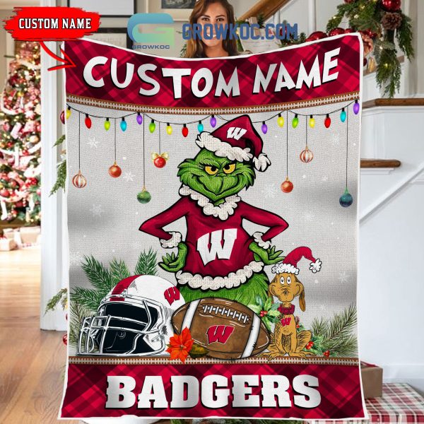 Wisconsin Badgers Grinch Football Merry Christmas Light Personalized Fleece Blanket Quilt