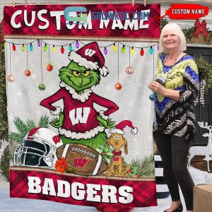 Wisconsin Badgers Grinch Football Merry Christmas Light Personalized Fleece Blanket Quilt