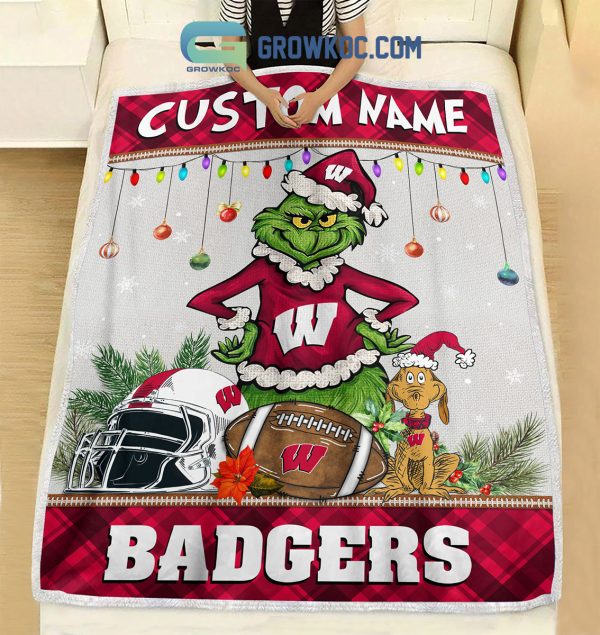 Wisconsin Badgers Grinch Football Merry Christmas Light Personalized Fleece Blanket Quilt