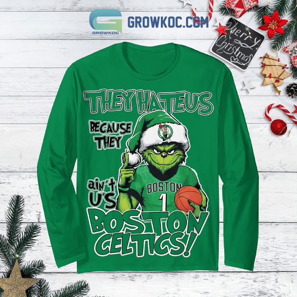 Boston Celtics Grinch They Hate Us Christmas Fleece Pajamas Set Long Sleeve