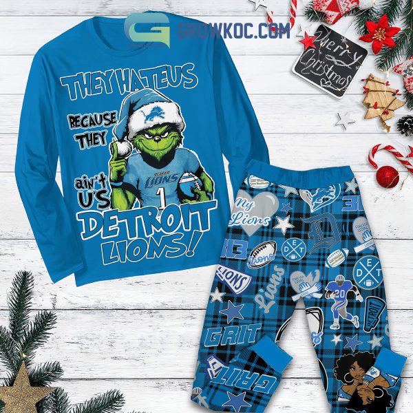 Detroit Lions Grinch They Hate Us Christmas Fleece Pajamas Set Long Sleeve