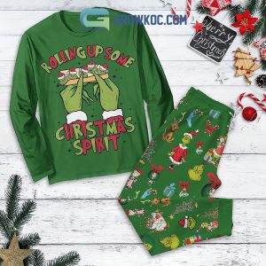 Grinch Rolling Up Some Christmas Spirit Fleece Pajamas Set Long Sleeve