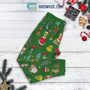 Grinch Rolling Up Some Christmas Spirit Fleece Pajamas Set Long Sleeve