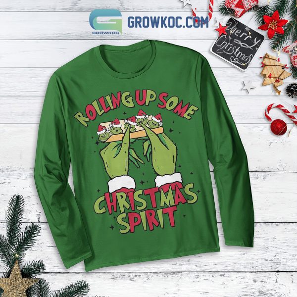 Grinch Rolling Up Some Christmas Spirit Fleece Pajamas Set Long Sleeve