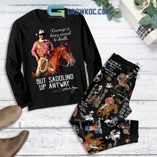 John Wayne Saddling Up Anyway Christmas Fleece Pajamas Set Long Sleeve