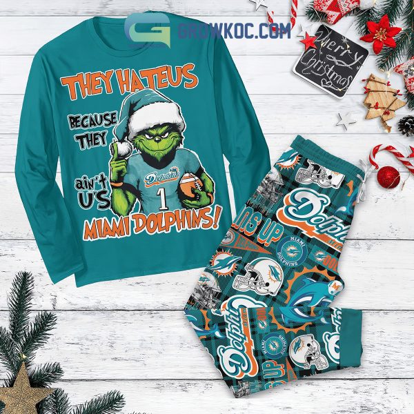 Miami Dolphins Grinch They Hate Us Christmas Fleece Pajamas Set Long Sleeve