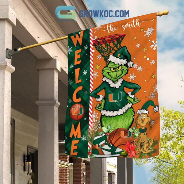 NCAA Miami Hurricanes Grinch Basketball Christmas Welcome Garden Flag Custom Name