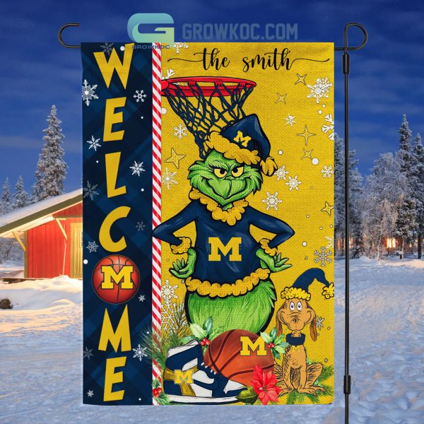 NCAA Michigan Wolverines Grinch Basketball Christmas Welcome Garden Flag Custom Name