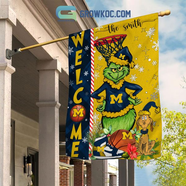 NCAA Michigan Wolverines Grinch Basketball Christmas Welcome Garden Flag Custom Name