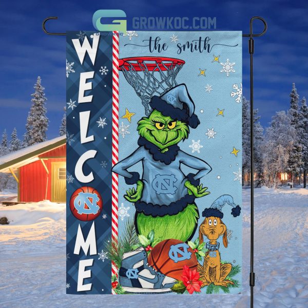 NCAA UNC Tar Heels Grinch Basketball Christmas Welcome Garden Flag Custom Name