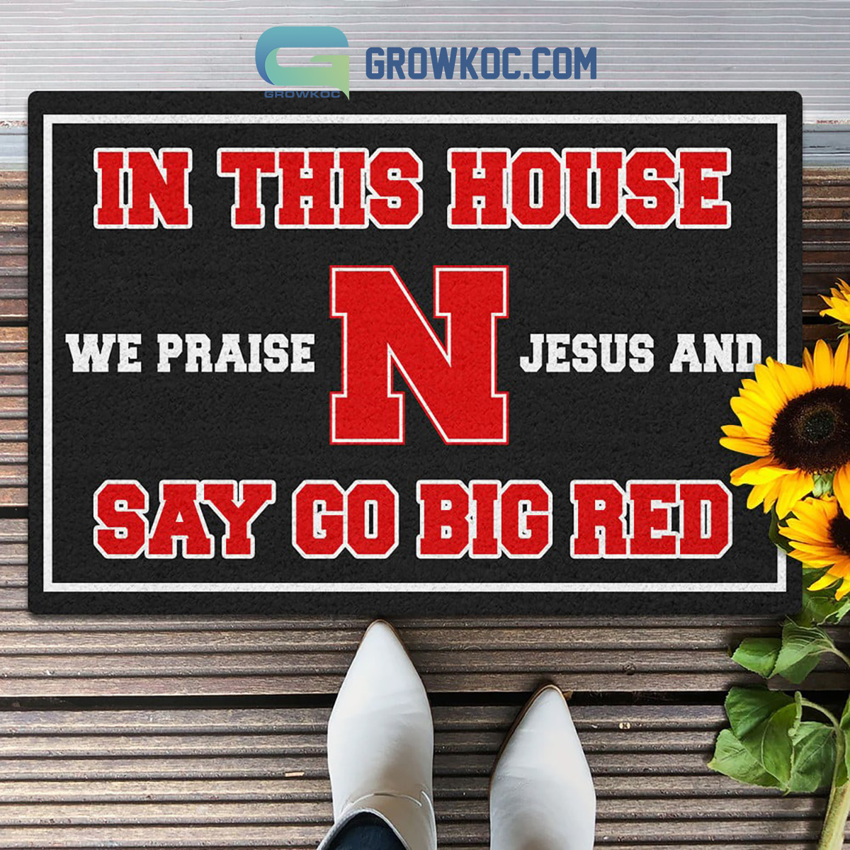 In This House We Praise Jesus and Say Go Big Red Doormat