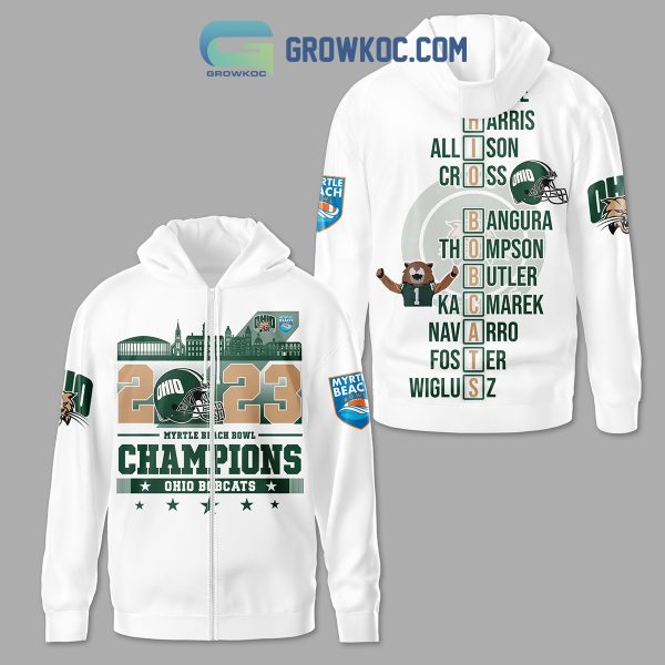 Ohio Bobcats 2023 White Design Myrtle Beach Bowl Champions Hoodie Shirts