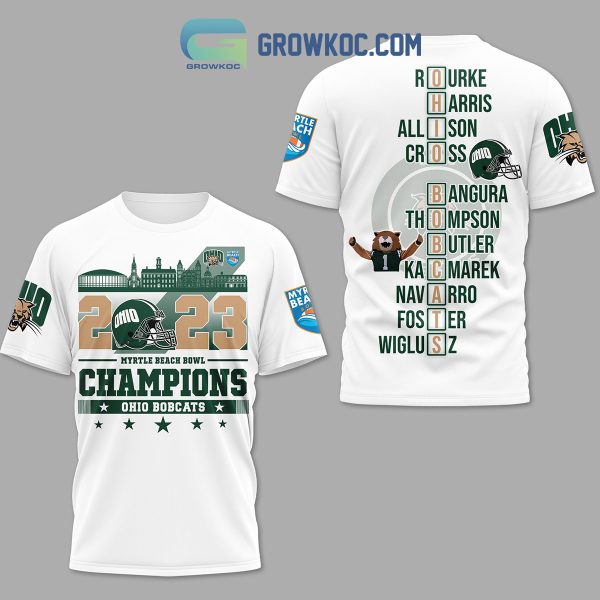 Ohio Bobcats 2023 White Design Myrtle Beach Bowl Champions Hoodie Shirts