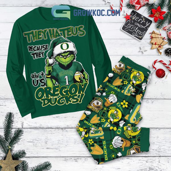 Oregon Ducks Grinch Hate Us Christmas Fleece Pajamas Set Long Sleeve