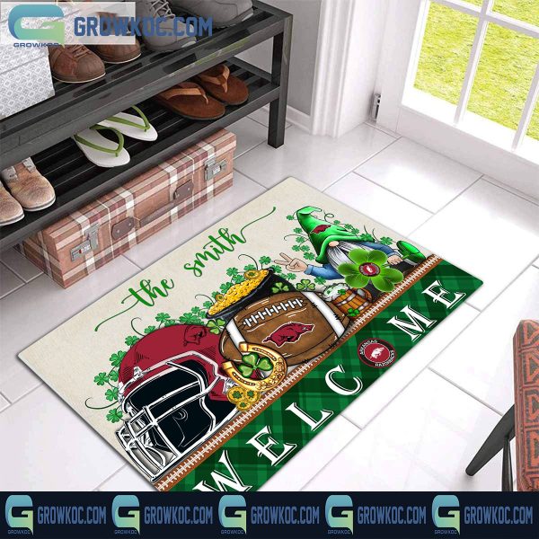 Arkansas Razorbacks Welcome St Patrick’s Day Shamrock Personalized Doormat