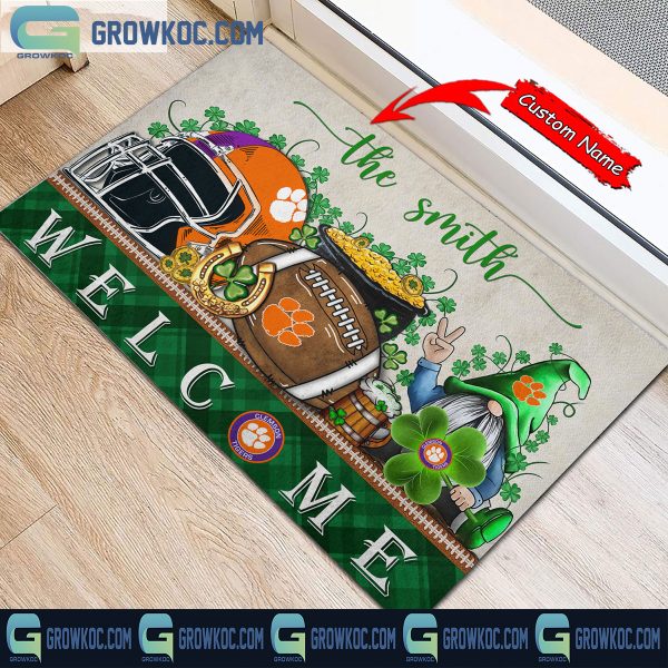 Clemson Tigers Welcome St Patrick’s Day Shamrock Personalized Doormat