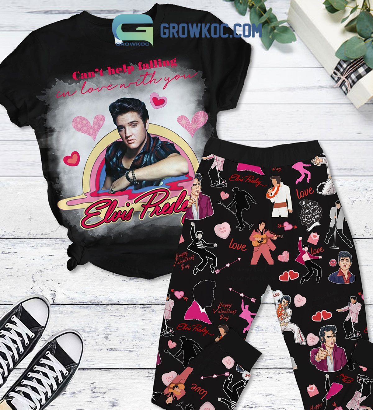 Elvis Presley Falling In Love Valentine Fleece Pajamas Set Black