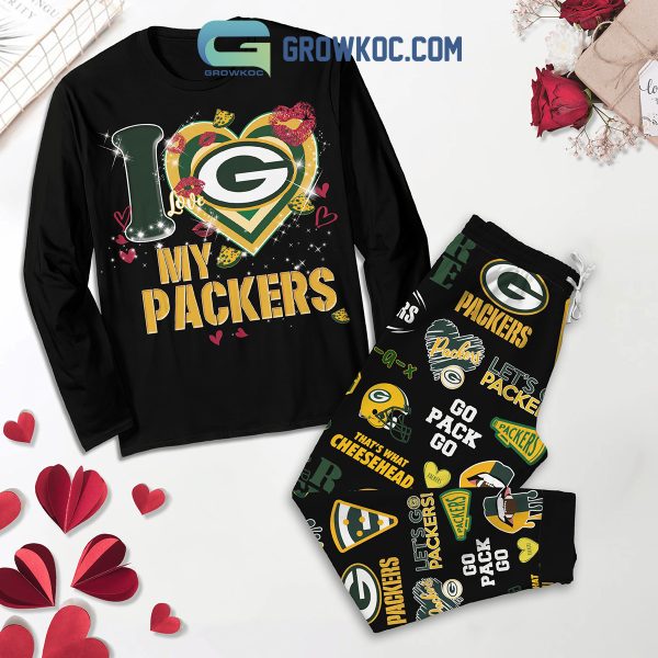 Green Bay Packers Fan Love Black Fleece Pajamas Set Long Sleeve