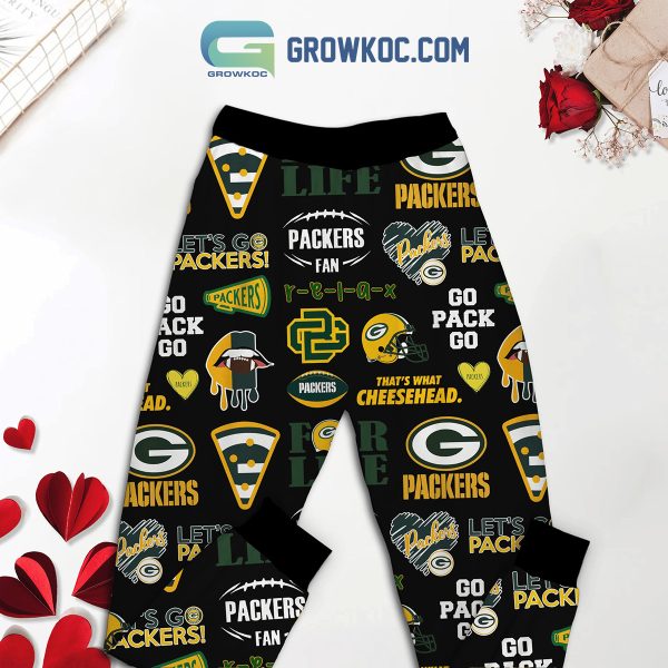 Green Bay Packers Fan Love Black Fleece Pajamas Set Long Sleeve