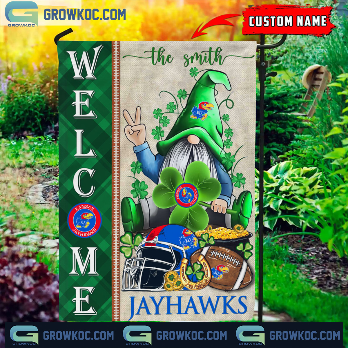 Kansas Jayhawks St. Patrick's Day Shamrock Personalized Garden Flag