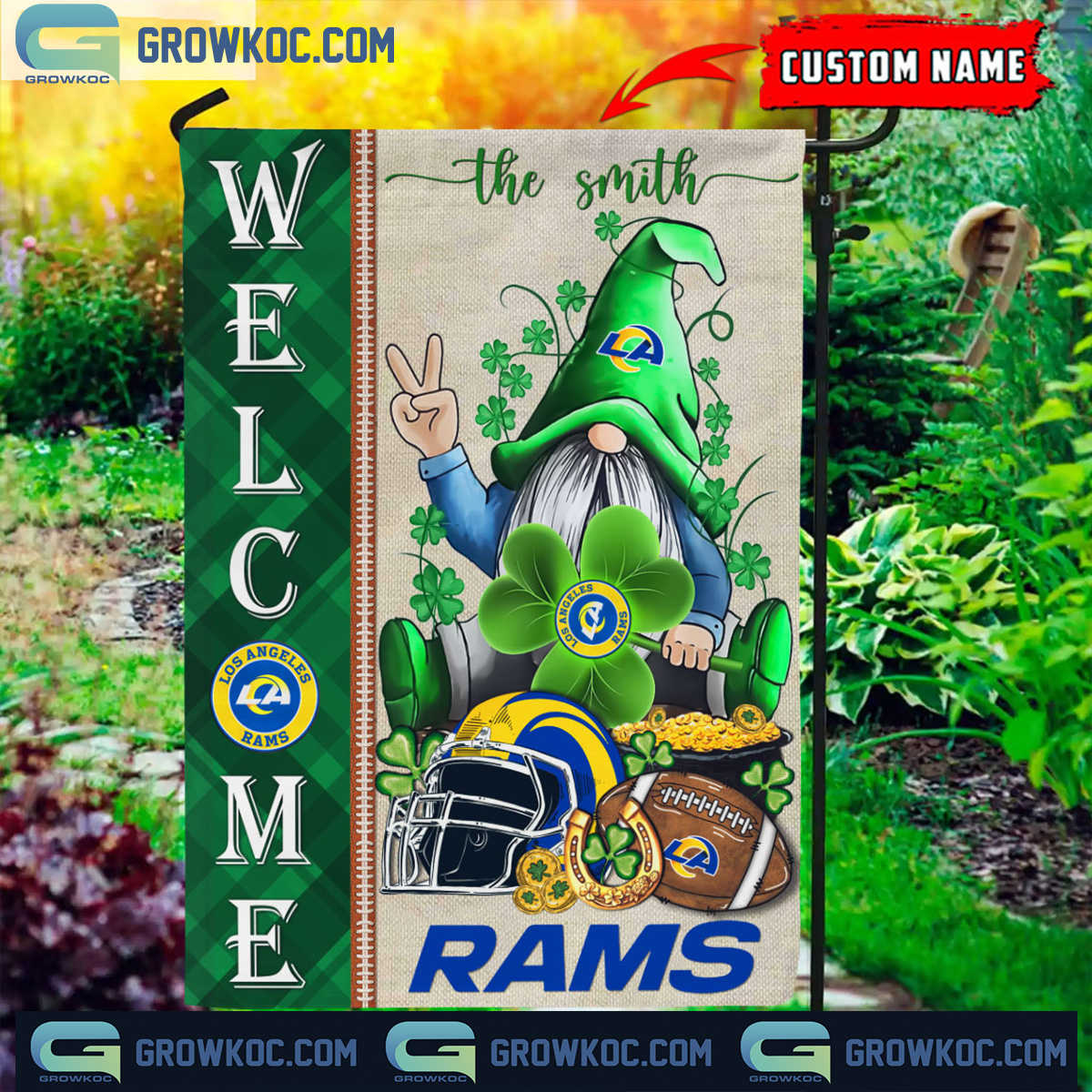 Los Angeles Rams St. Patrick's Day Shamrock Personalized Garden Flag