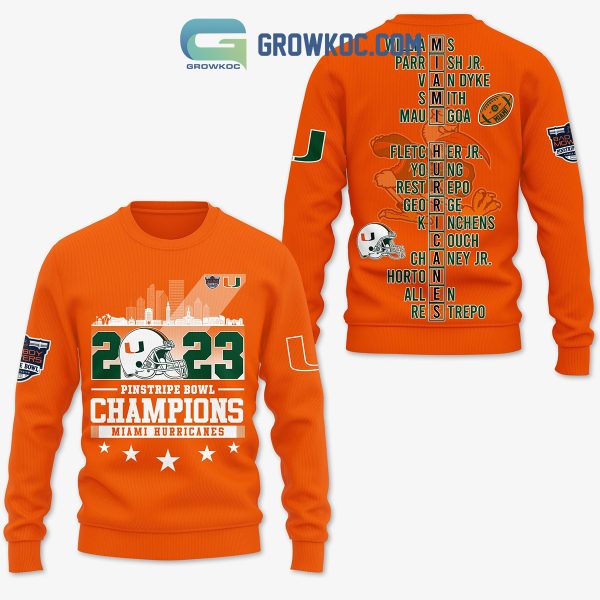 Miami Hurricanes 2023 Pinstripe Bowl Champions Hoodie Shirts Orange Ver