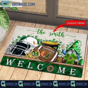 Miami Hurricanes Welcome St Patrick’s Day Shamrock Personalized Doormat