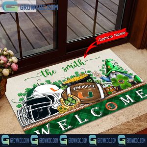 Miami Hurricanes Welcome St Patrick’s Day Shamrock Personalized Doormat