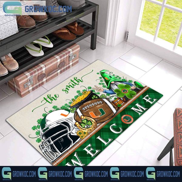 Miami Hurricanes Welcome St Patrick’s Day Shamrock Personalized Doormat