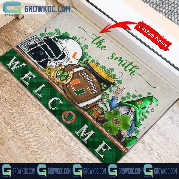 Miami Hurricanes Welcome St Patrick’s Day Shamrock Personalized Doormat