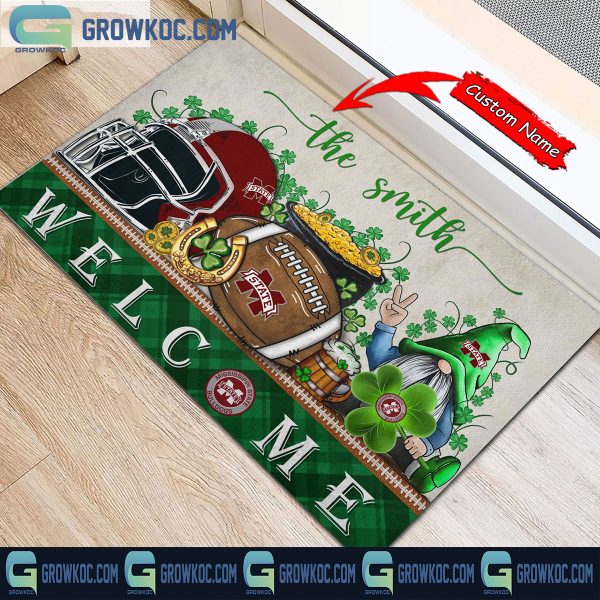 Mississippi State Bulldogs Welcome St Patrick’s Day Shamrock Personalized Doormat